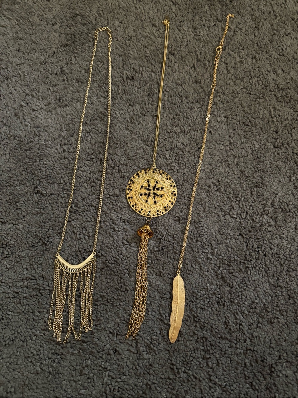 Lot of 3 Gold Boho Tassel & Feather Pendant Necklaces